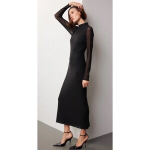 Saunders Collective Mesh Midi Dress Long Sleeve Mock Neck Black Size 4 $380